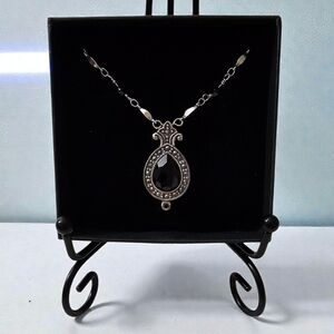 Brighton Vintage Elegant Black and Marcasite-Style Silver Teardrop Necklace